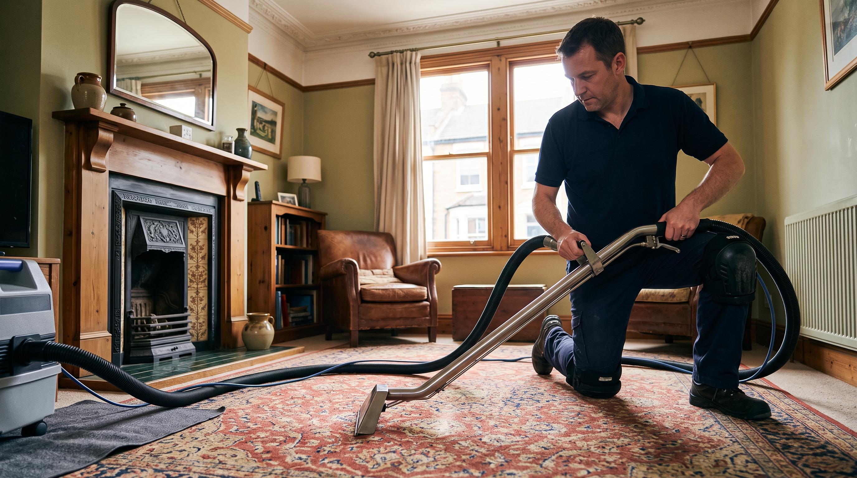 Instant Dry Carpet Cleaning technician deep-cleaning a wool carpet in a Colchester Victorian terraced living room