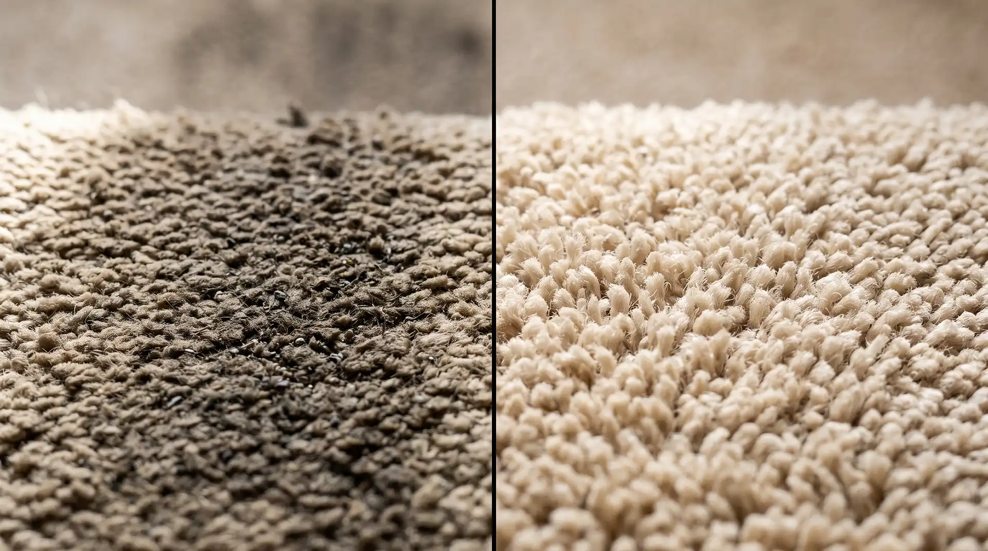 Close-up before and after of a soiled traffic lane cleaned to bright residue-free pile by Instant Dry Carpet Cleaning in Colchester