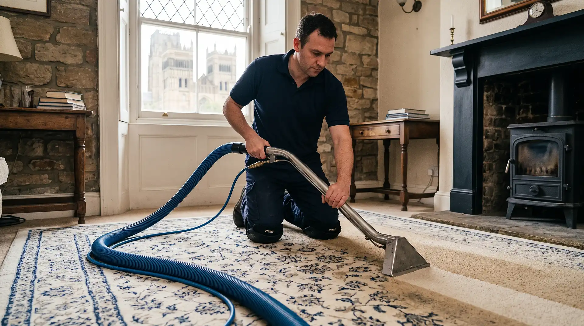 Instant Dry Carpet Cleaning technician deep-cleaning a wool carpet in a Victorian Durham terraced living room