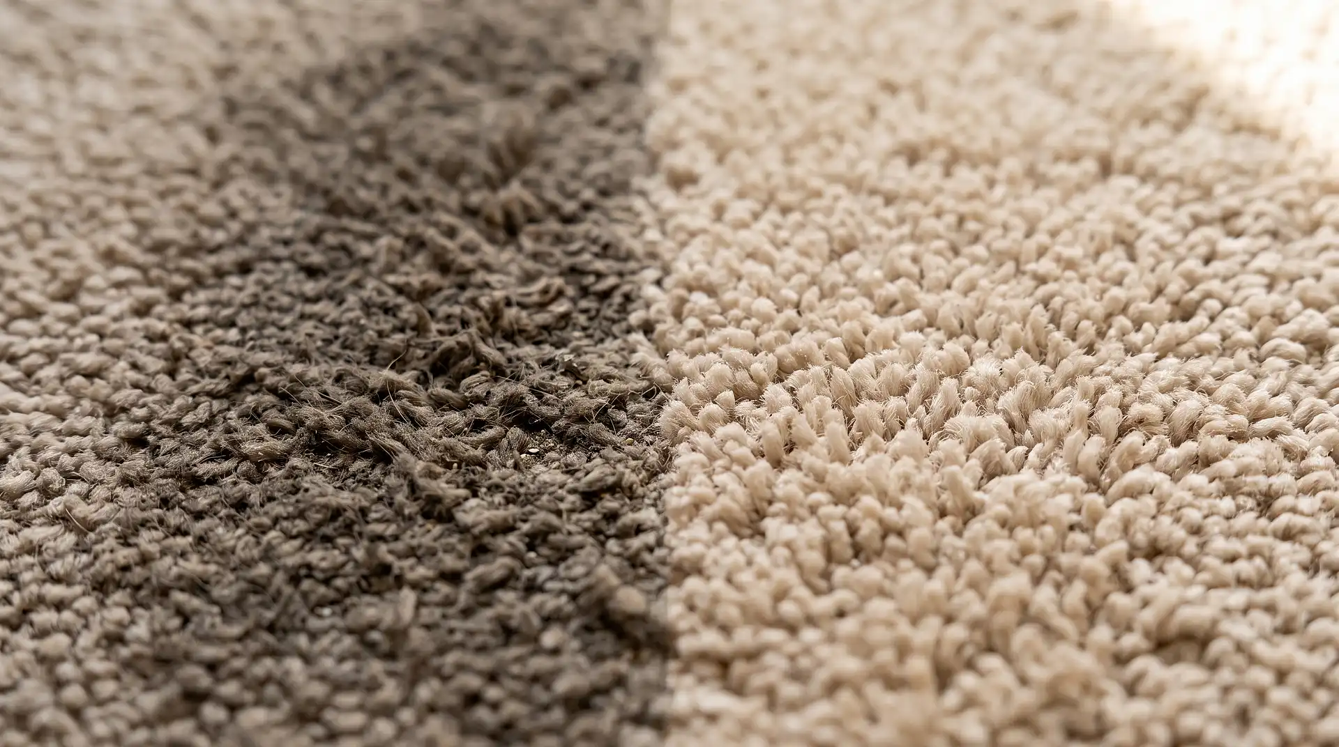 Before and after close-up of a soiled Durham carpet traffic lane restored to bright residue-free pile by Instant Dry Carpet Cleaning