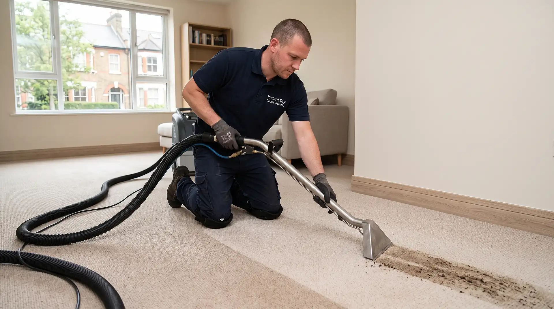 Instant Dry Carpet Cleaning technician in branded work shirt deep-cleaning a fitted carpet in an Edmonton North London flat