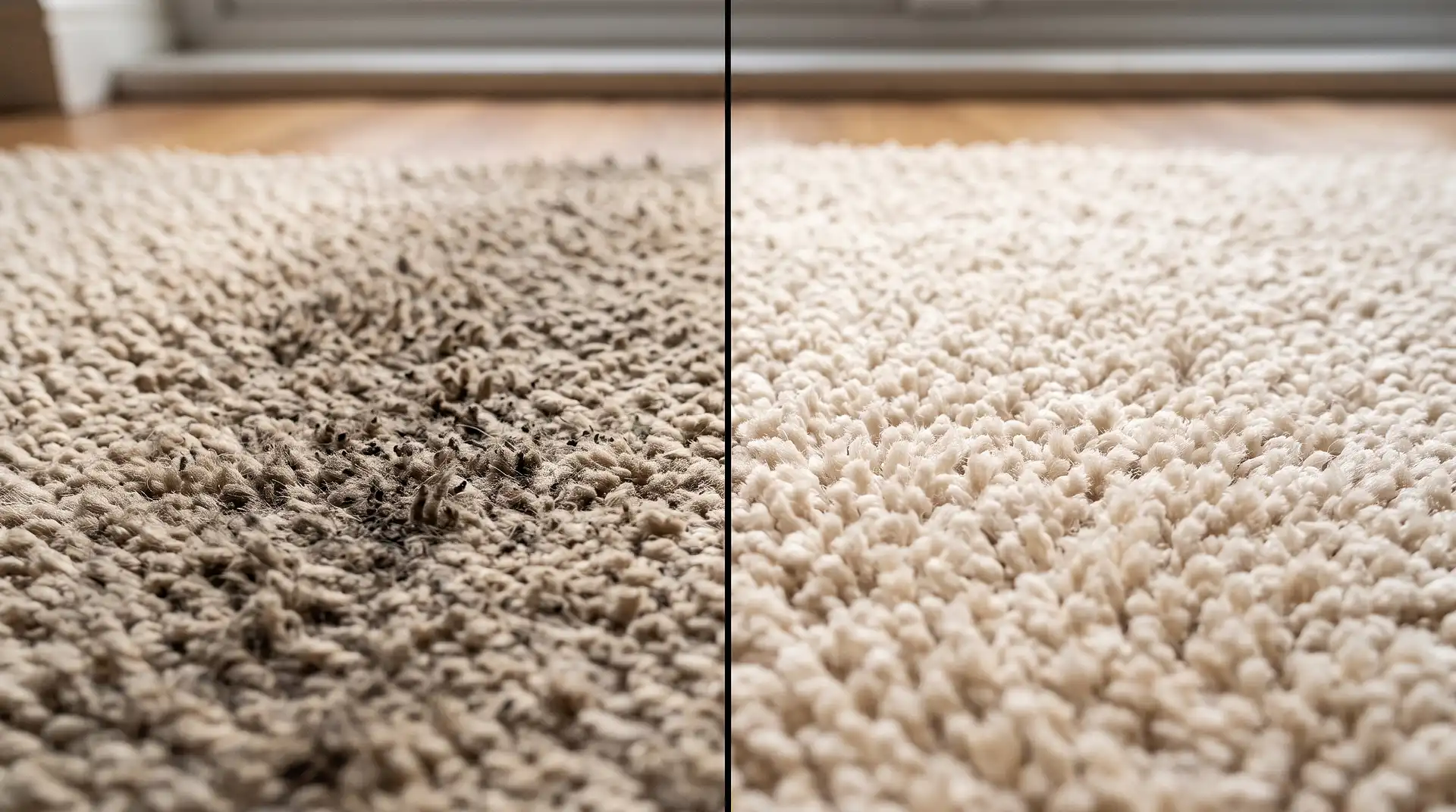 Before and after close-up of a soiled Edmonton carpet traffic lane restored to bright residue-free pile by Instant Dry Carpet Cleaning
