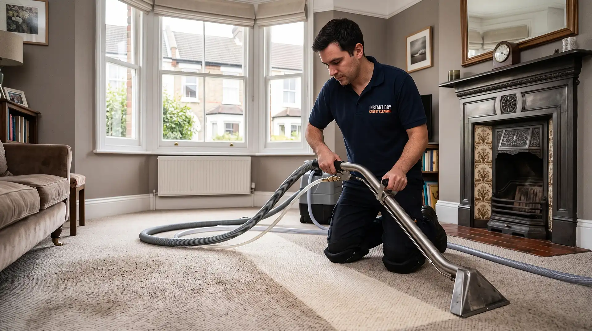 nstant Dry Carpet Cleaning technician in branded work shirt deep-cleaning a wool carpet in an Ipswich Victorian terraced living room