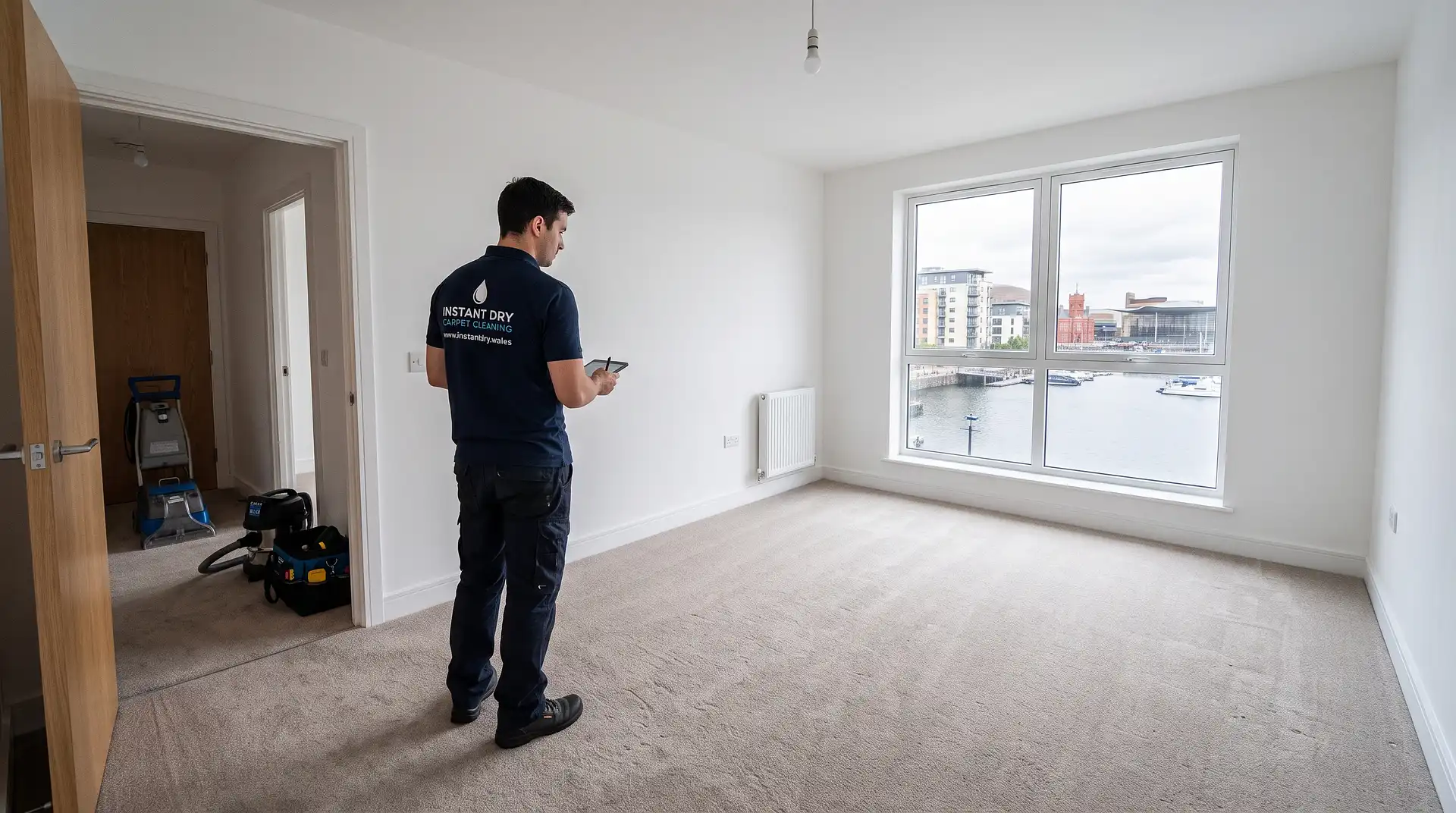 Empty freshly cleaned Cardiff Bay waterfront flat prepared by Instant Dry Carpet Cleaning technician in branded work shirt for end-of-tenancy handover