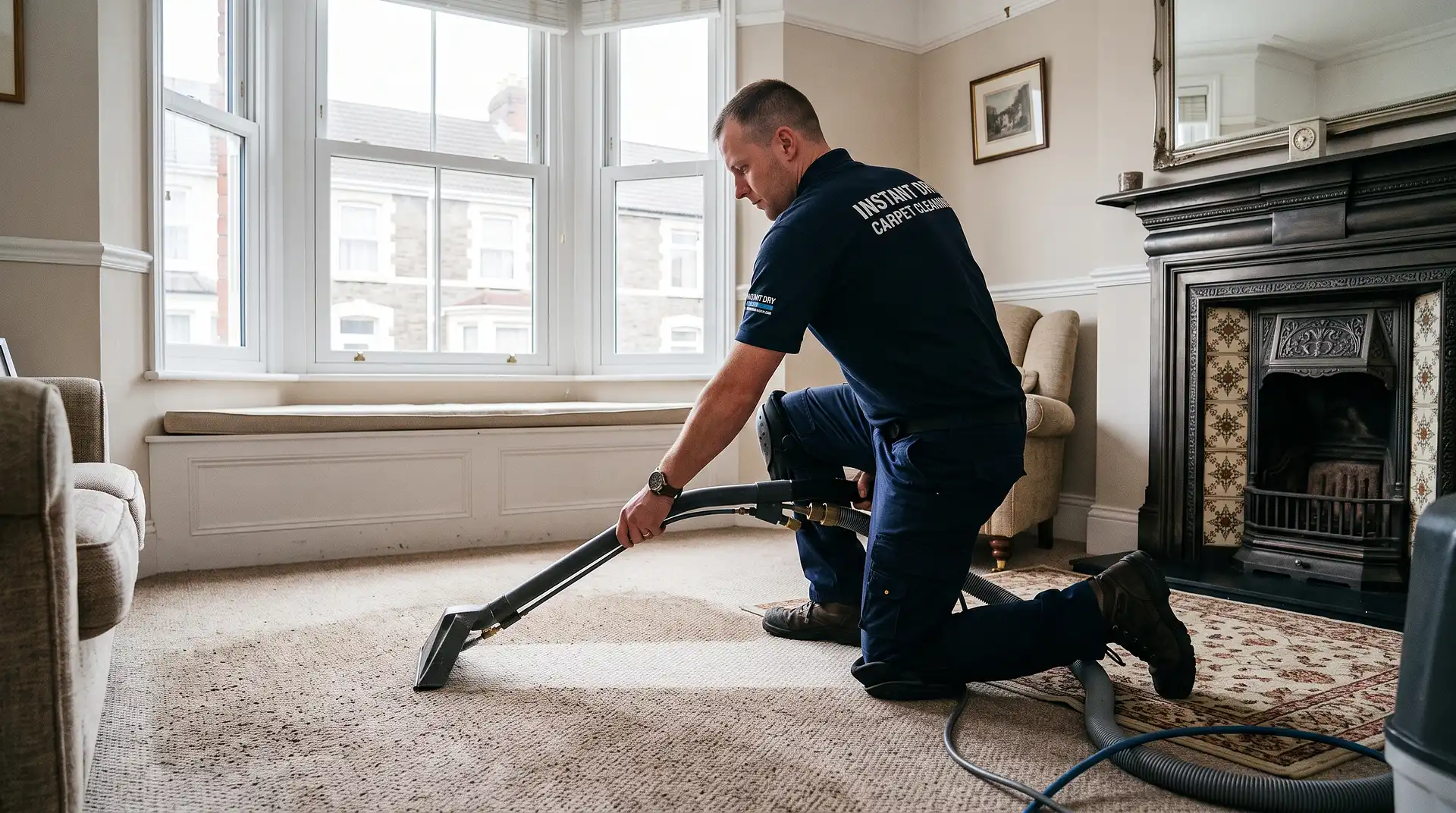 Instant Dry Carpet Cleaning technician in branded work shirt deep-cleaning a wool carpet in a Newport South Wales Victorian terraced living room