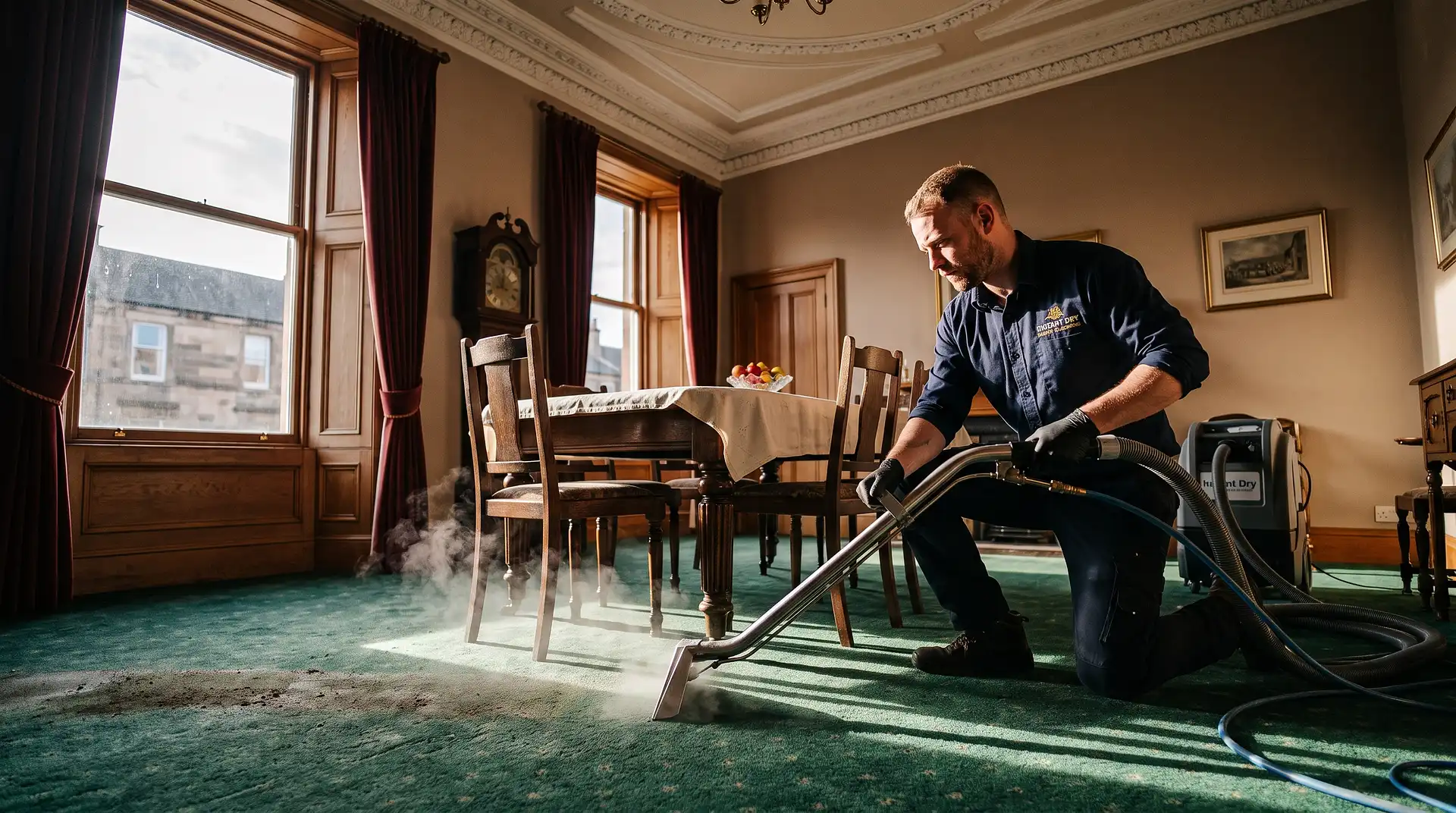Instant Dry Carpet Cleaning technician in branded work shirt cleaning a deep-green wool carpet in a Marchmont Edinburgh sandstone tenement dining room