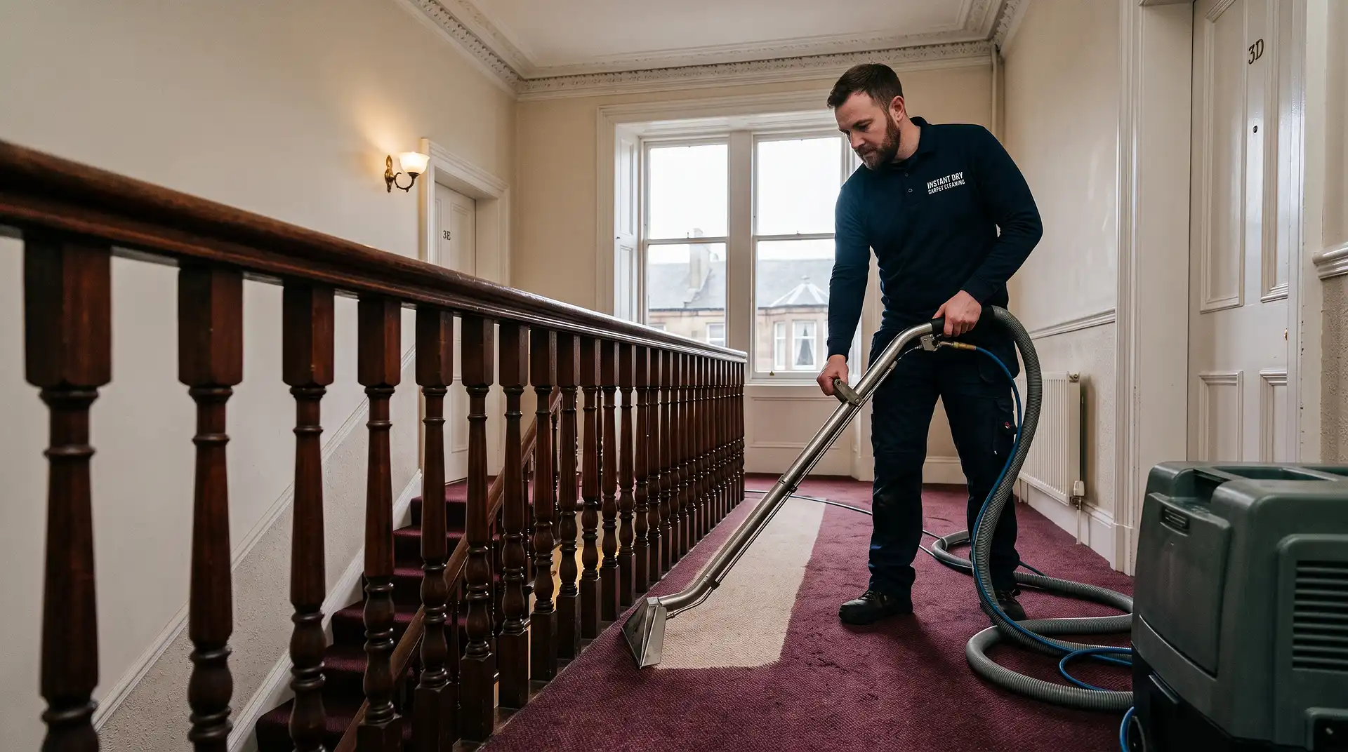 Instant Dry Carpet Cleaning technician in branded work shirt cleaning a burgundy wool runner on a Glasgow sandstone tenement upstairs landing