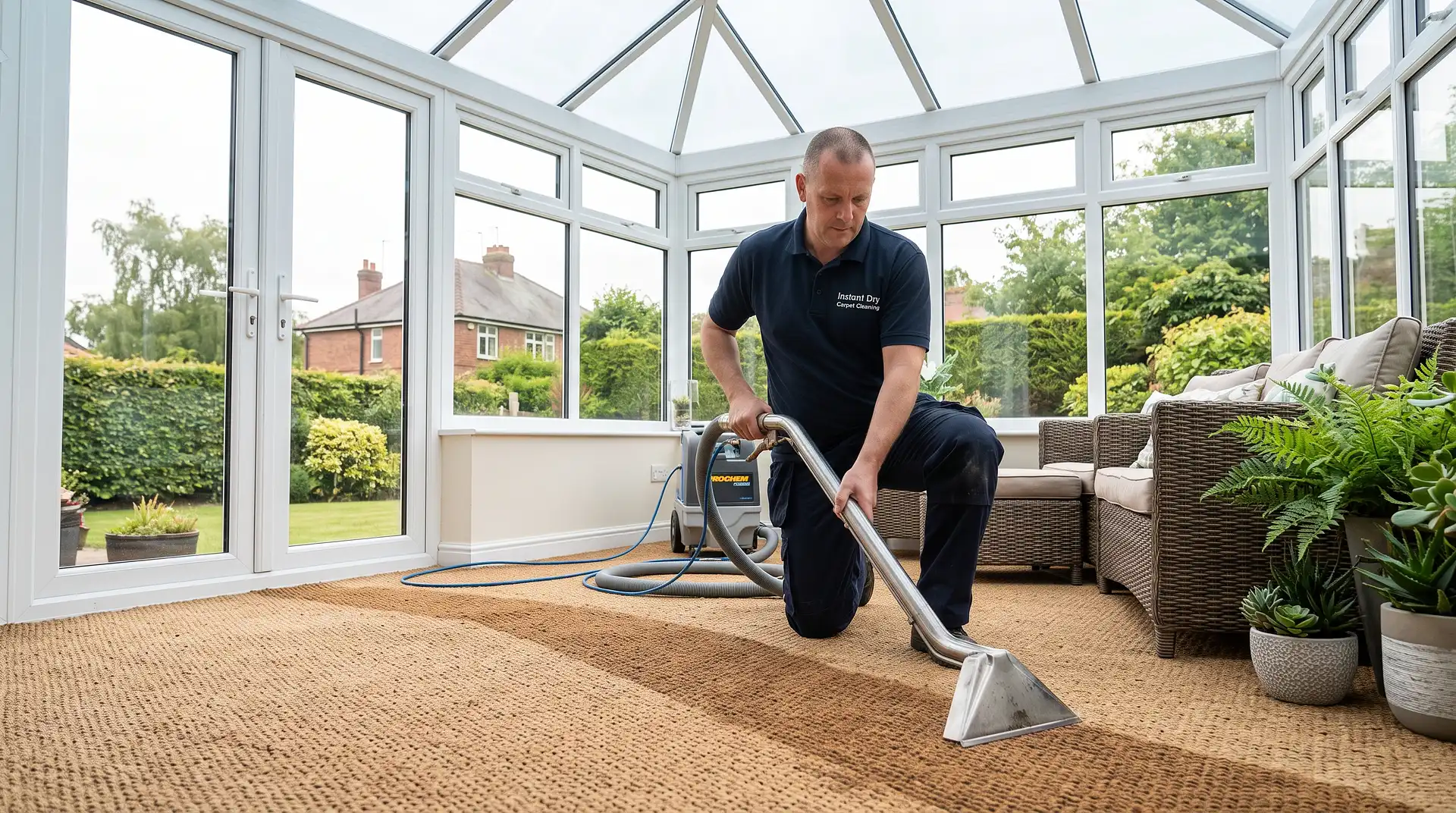 Instant Dry Carpet Cleaning technician in branded work shirt cleaning natural-fibre matting in a Wrexham border-country detached home conservatory