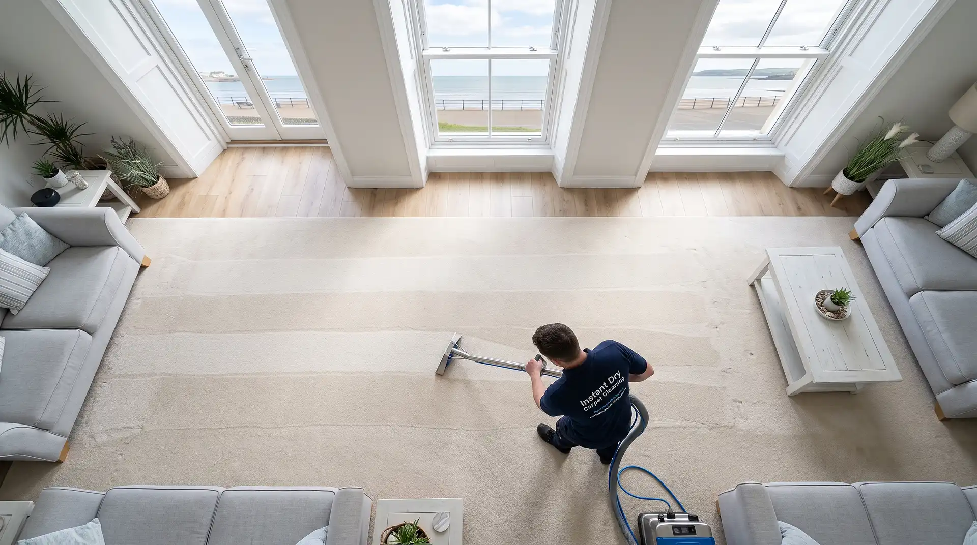 Top-down overhead view of Instant Dry Carpet Cleaning technician cleaning a pale carpet in a large Porthcawl coastal property living room