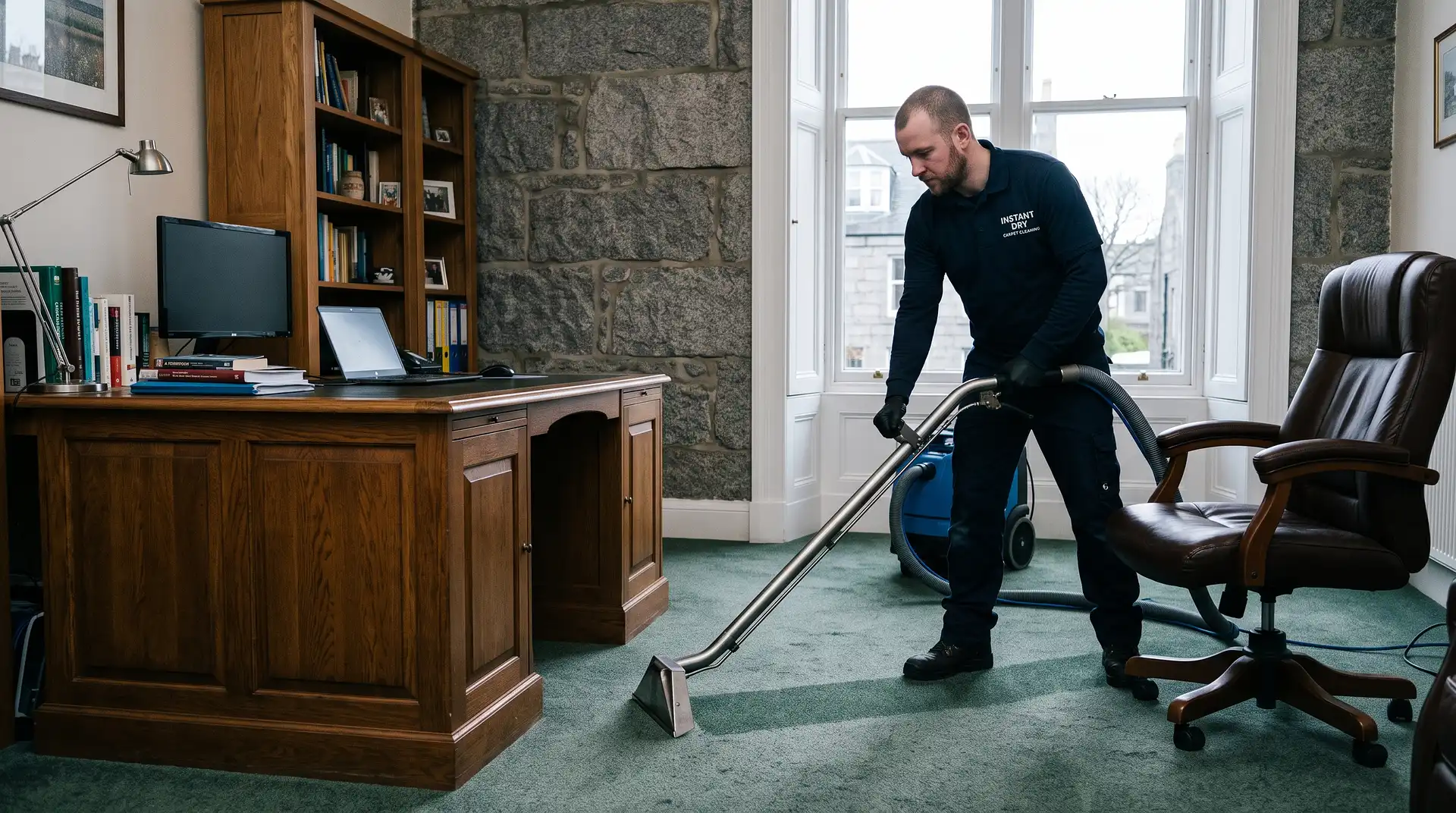 Instant Dry Carpet Cleaning technician in branded work shirt cleaning a wool carpet in a home office in an Aberdeen West End granite villa