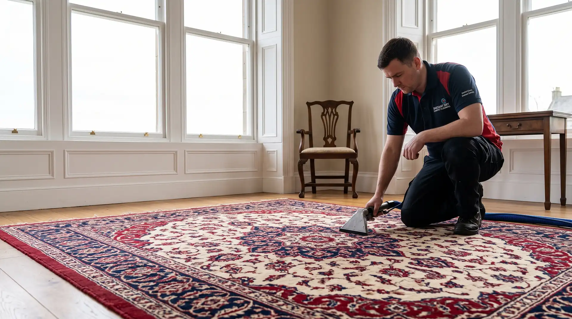 Instant Dry Carpet Cleaning technician in branded work shirt cleaning a traditional wool area rug flat on a Broughty Ferry lounge floor with Tay estuary light