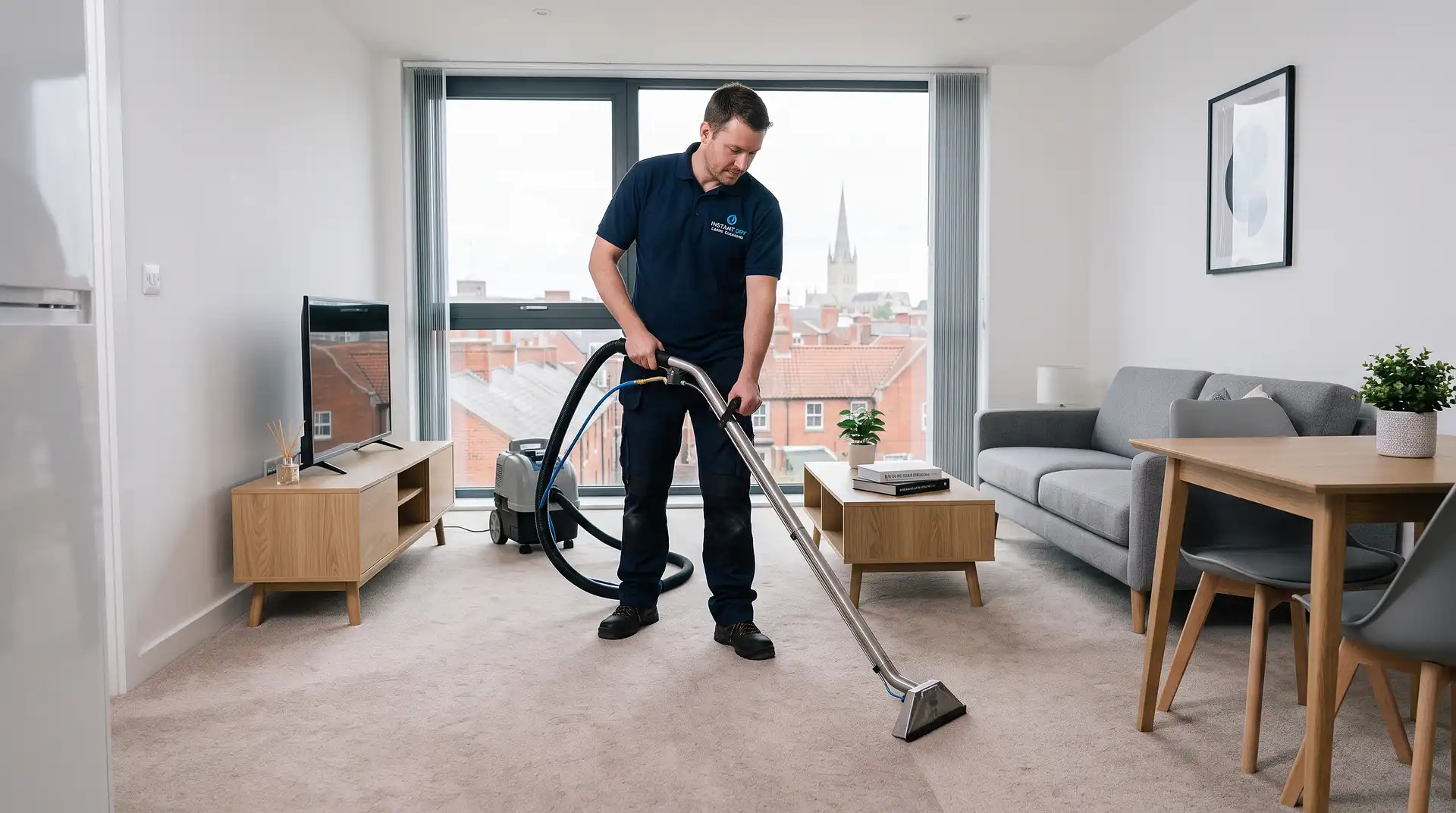 Instant Dry Carpet Cleaning technician in branded work shirt cleaning a pale carpet in a modern Norwich city centre short-let flat