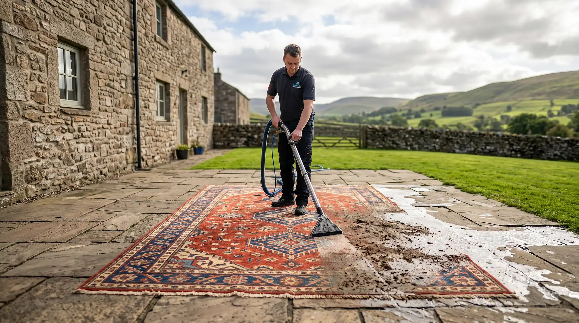 Instant Dry Carpet Cleaning technician in branded work shirt washing a traditional wool rug on a stone patio at a rural Eden Valley property with fell views
