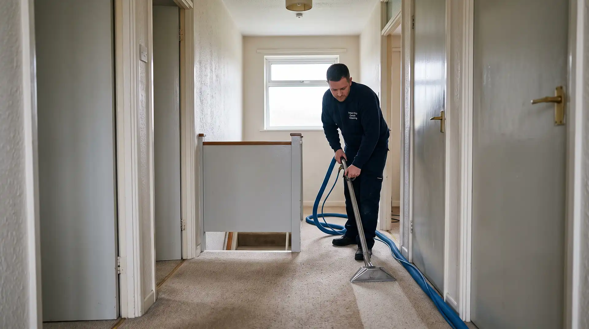 Instant Dry Carpet Cleaning technician in branded work shirt hanging a freshly cleaned wool rug outside a Salford Victorian terrace to dry