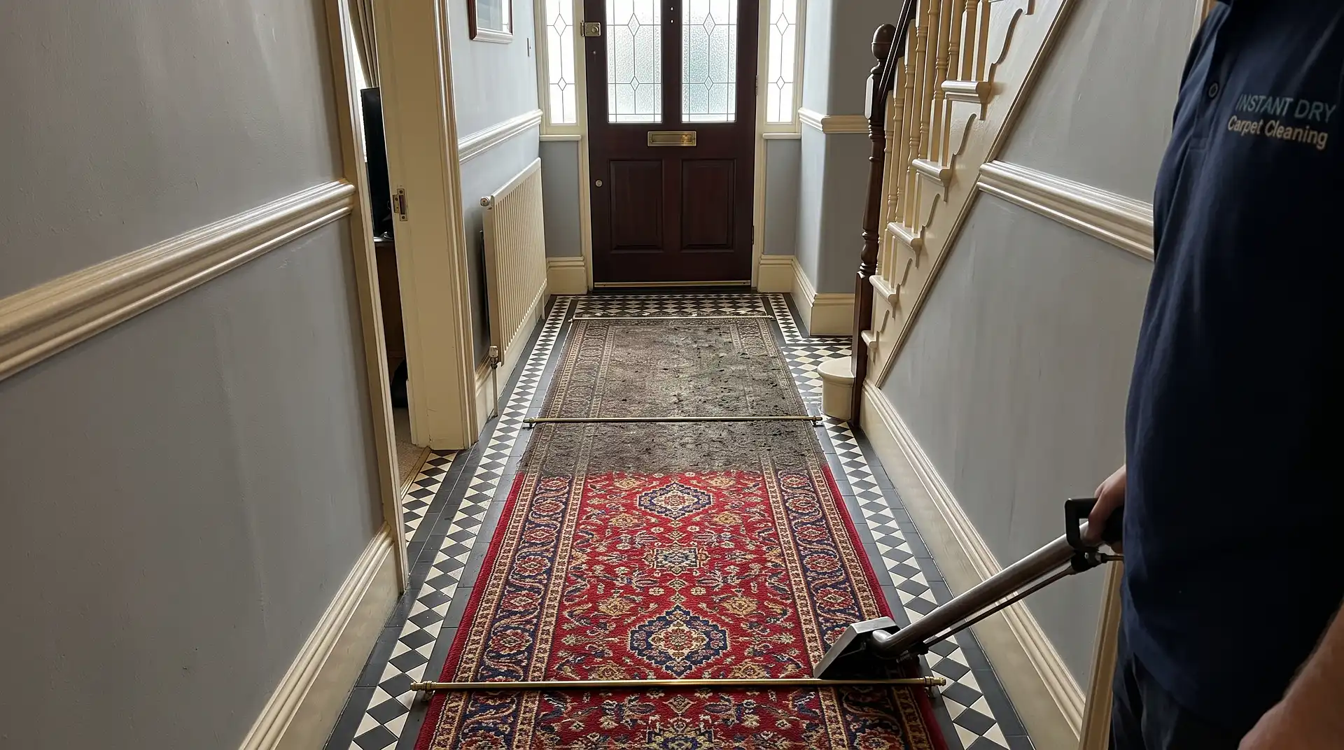 Before and after view of a Bury Victorian terrace hallway runner carpet, left soiled and right freshly cleaned by Instant Dry Carpet Cleaning