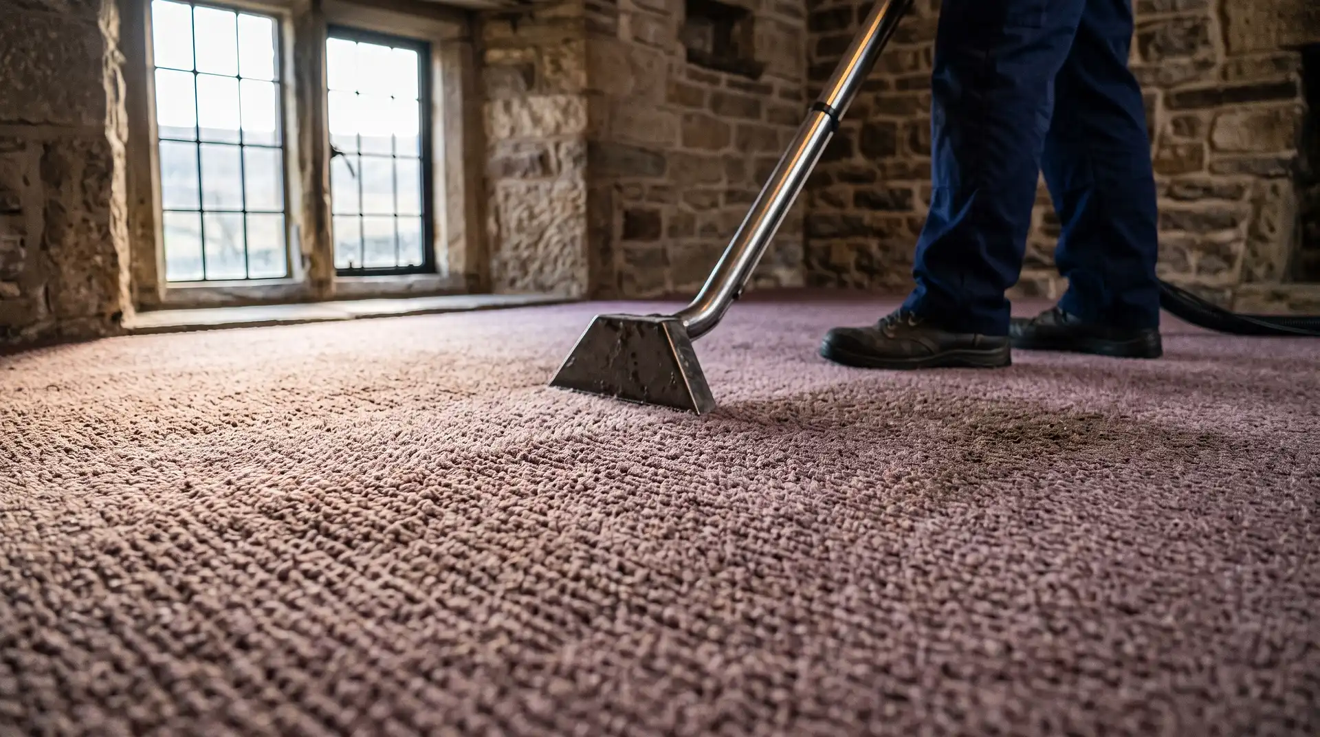 Floor-level view of freshly cleaned deep-pile heather wool carpet in a Saddleworth Pennine stone cottage, Instant Dry Carpet Cleaning technician visible at far edge