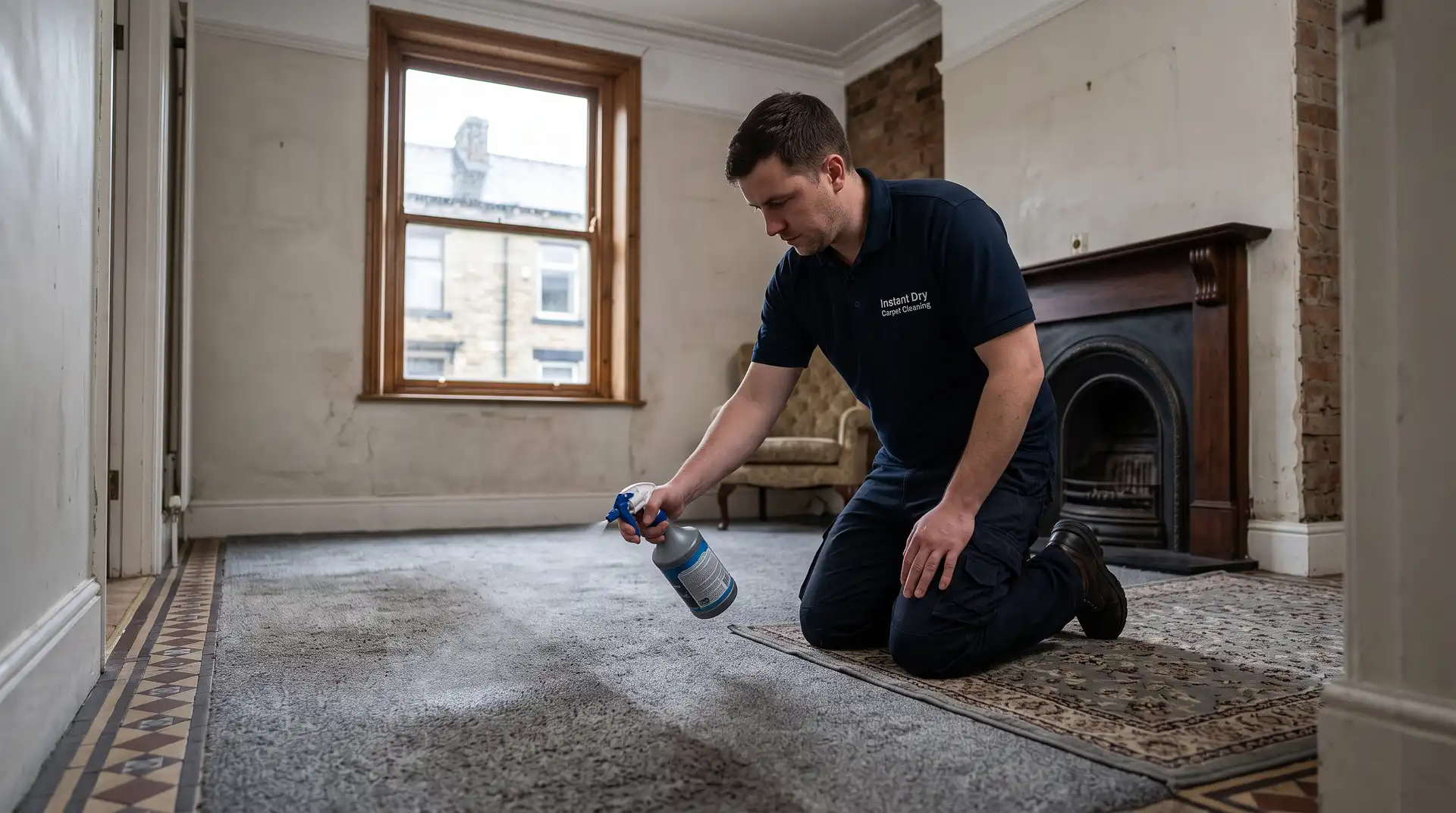 Dry Carpet Cleaning technician in branded work shirt applying pre-treatment spray to a soiled carpet in a Rochdale Spotland Victorian stone terrace lounge