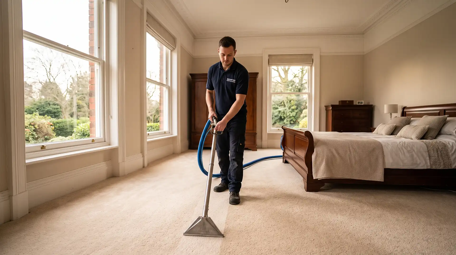 Instant Dry Carpet Cleaning technician in branded work shirt cleaning a pale champagne deep-pile carpet in a Bramhall SK7 Stockport detached home master bedroom