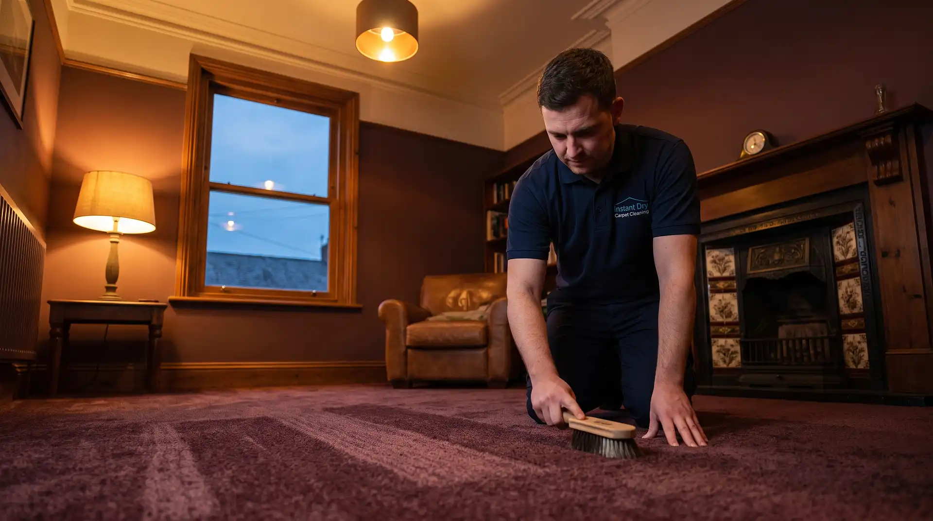 Instant Dry Carpet Cleaning technician in branded work shirt completing pile grooming in a Stalybridge SK15 Victorian terrace lounge at dusk under warm lamp light