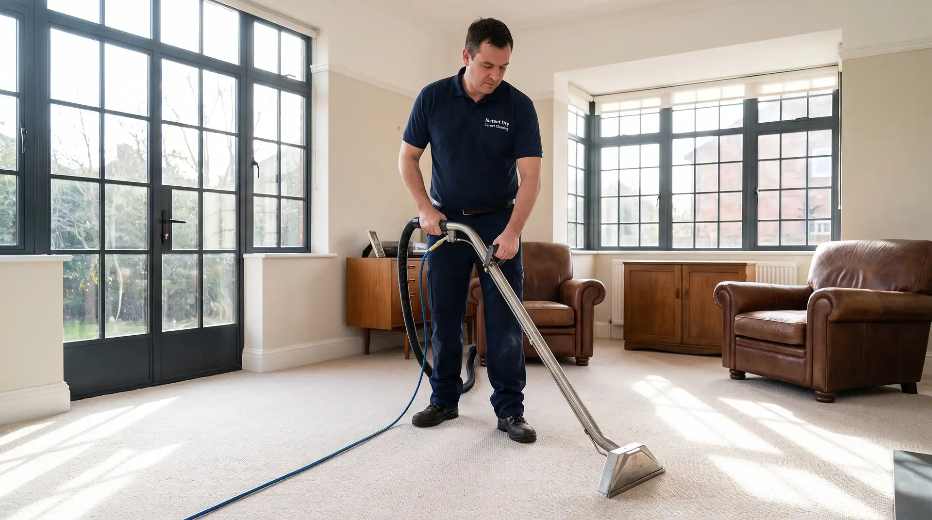 Instant Dry Carpet Cleaning technician in branded work shirt cleaning a pale oatmeal carpet in a Sale M33 inter-war detached home lounge with large afternoon-lit windows