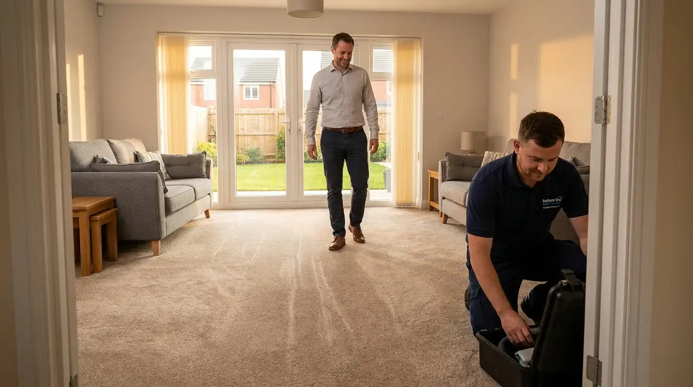 Homeowner reviewing a freshly cleaned neutral carpet in a Standish WN6 Wigan modern detached home lounge after Instant Dry Carpet Cleaning service