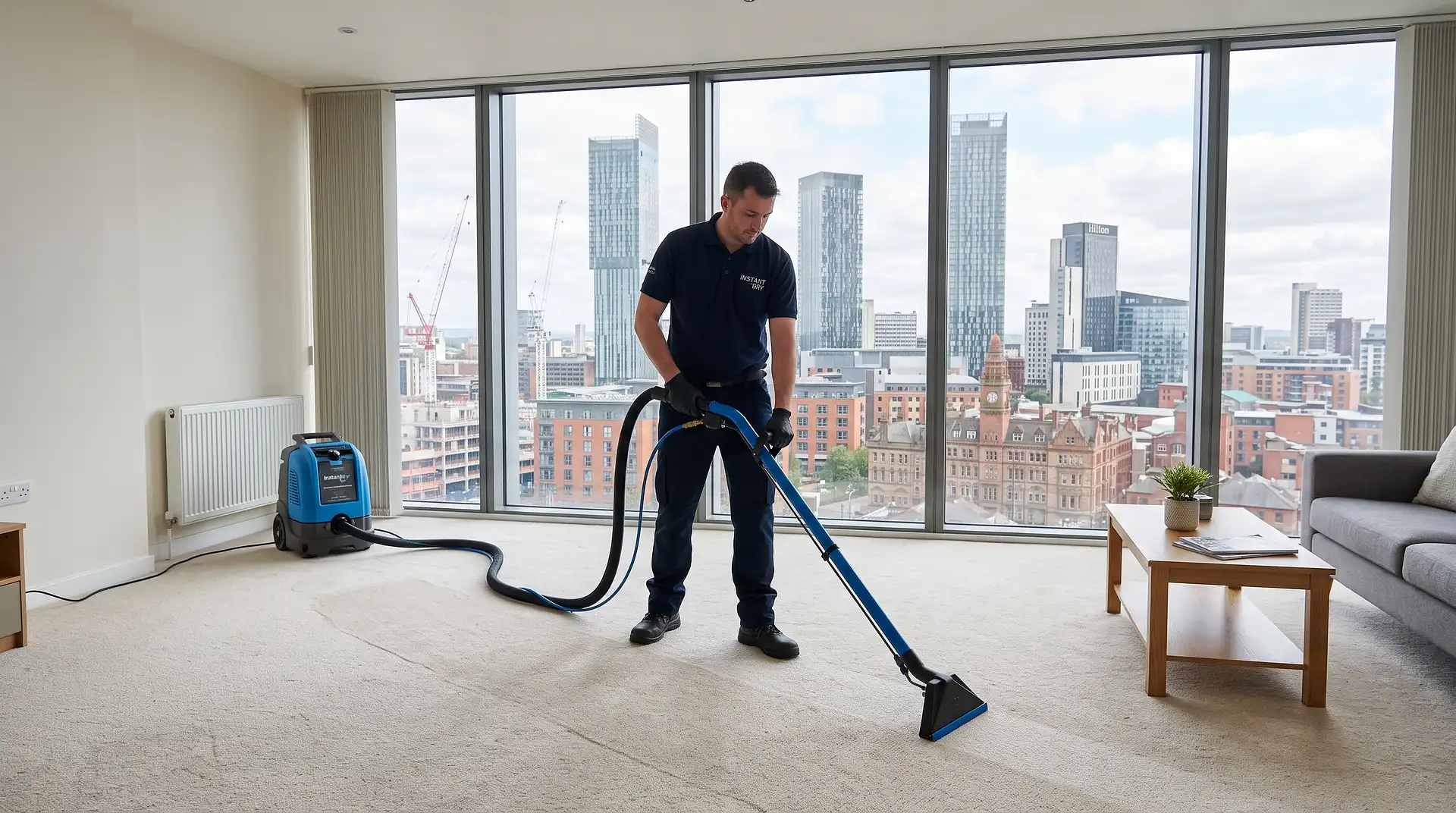 Instant Dry Carpet Cleaning technician in branded work shirt cleaning a pale cream carpet in a Manchester city centre high-rise apartment with skyline visible through floor-to-ceiling windows