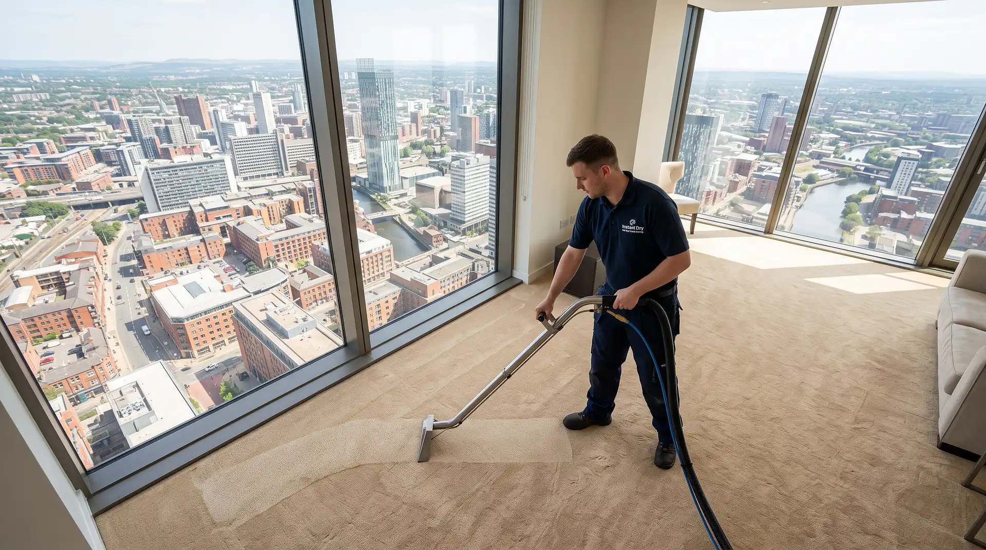Dry Carpet Cleaning technician in branded work shirt cleaning a champagne carpet in a Deansgate Square ultra-high-rise apartment with aerial Manchester cityscape visible through floor-to-ceiling glazing