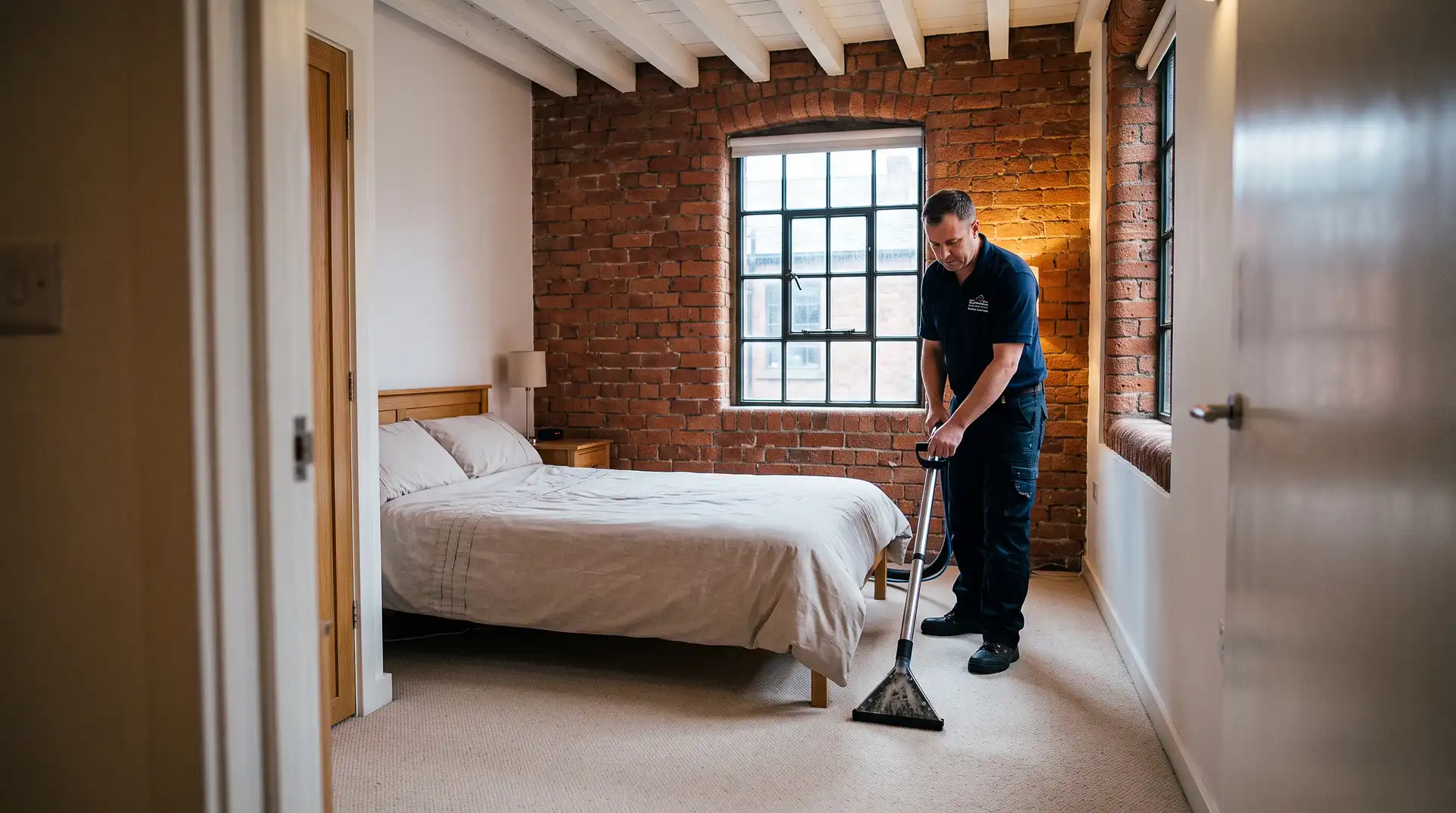 Dry Carpet Cleaning technician in branded work shirt cleaning a pale carpet in a narrow Northern Quarter M4 Victorian warehouse conversion bedroom