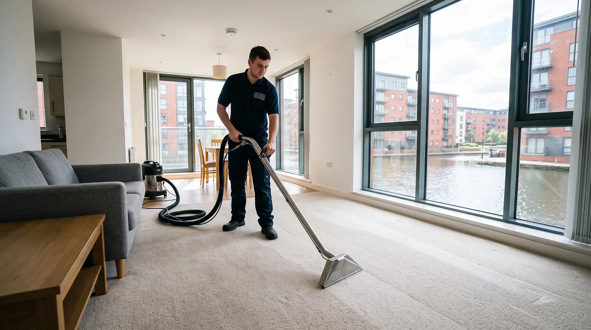 Instant Dry Carpet Cleaning technician in branded work shirt cleaning a pale neutral carpet in a Piccadilly Basin M1 Manchester canal-side apartment with canal view through contemporary windows