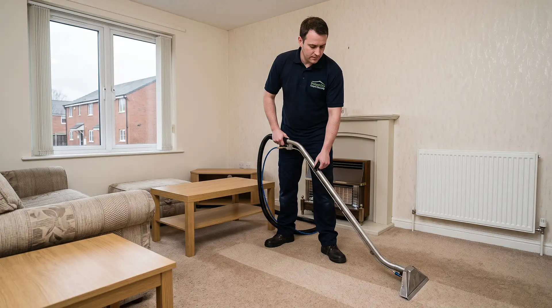 Instant Dry Carpet Cleaning technician in branded work shirt cleaning a warm-toned polypropylene carpet in a Hulme M15 1990s City Challenge new-build townhouse lounge