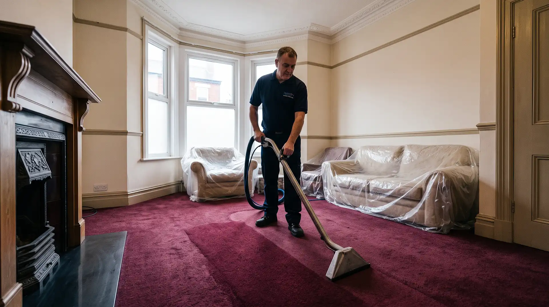 Instant Dry Carpet Cleaning technician in branded work shirt cleaning a deep burgundy wool-blend carpet in a refurbished Moss Side M14 Victorian terrace lounge