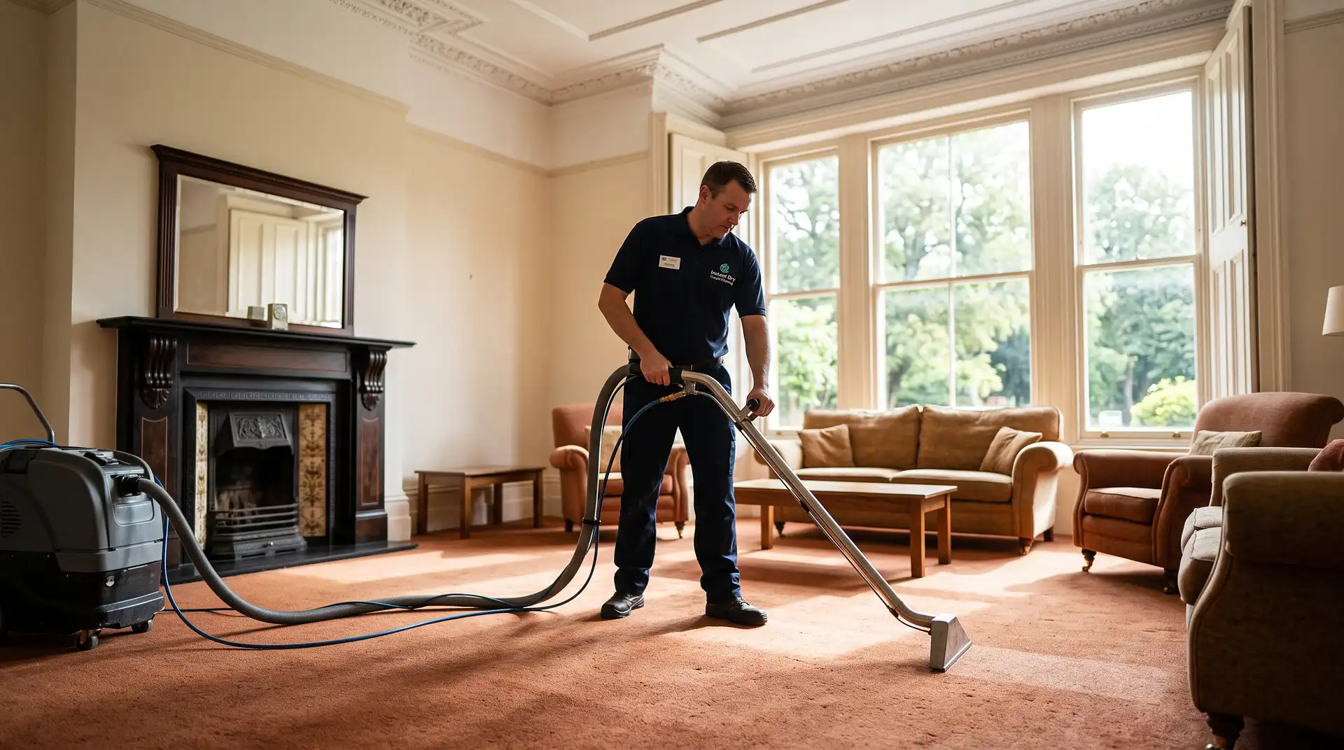 Instant Dry Carpet Cleaning technician in branded work shirt cleaning a warm-toned wool carpet in a large Victoria Park Manchester Victorian villa lounge with tall sash windows