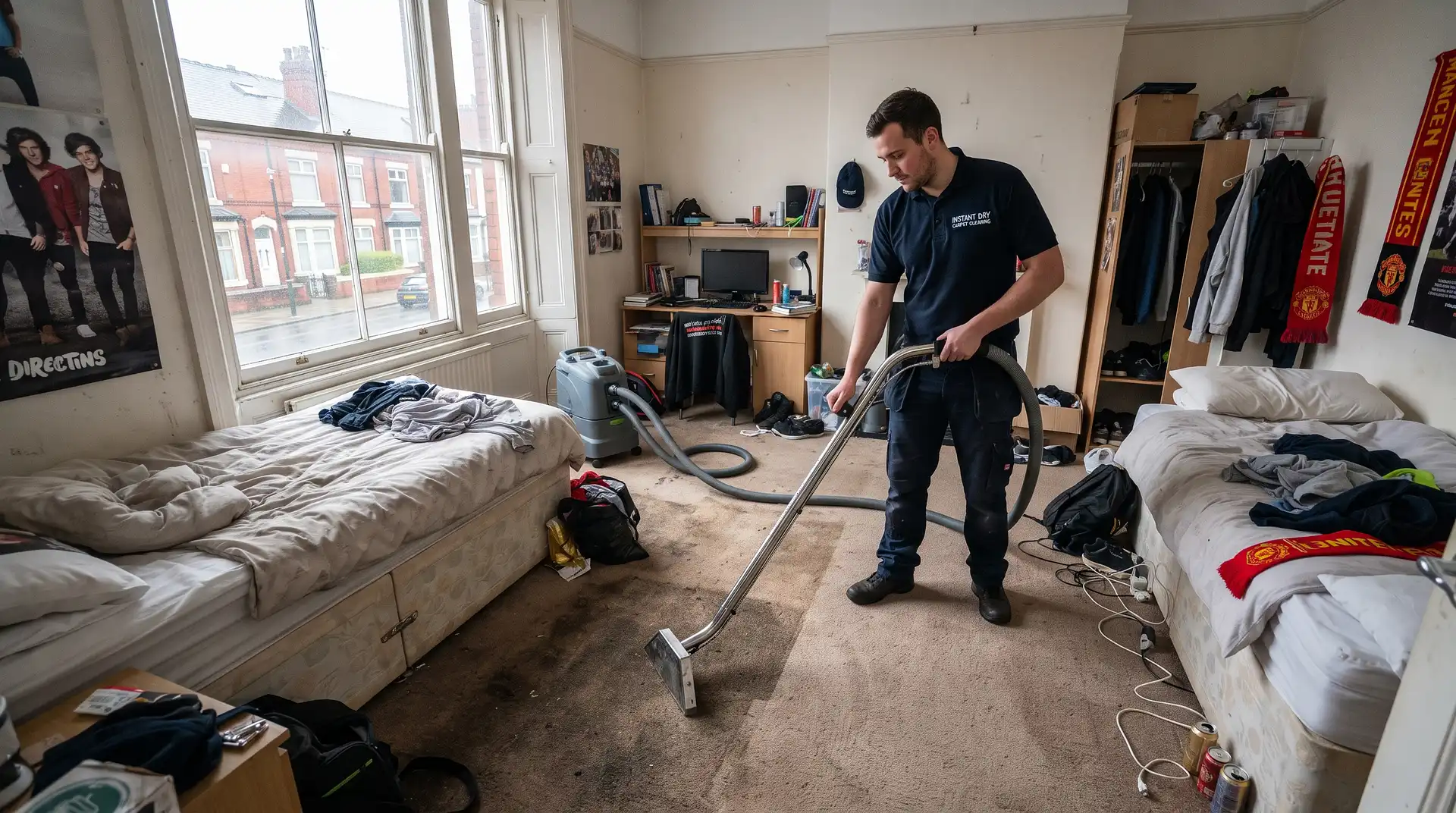 Instant Dry Carpet Cleaning technician in branded work shirt cleaning a worn polypropylene carpet in a Fallowfield M14 student HMO multi-occupancy bedroom