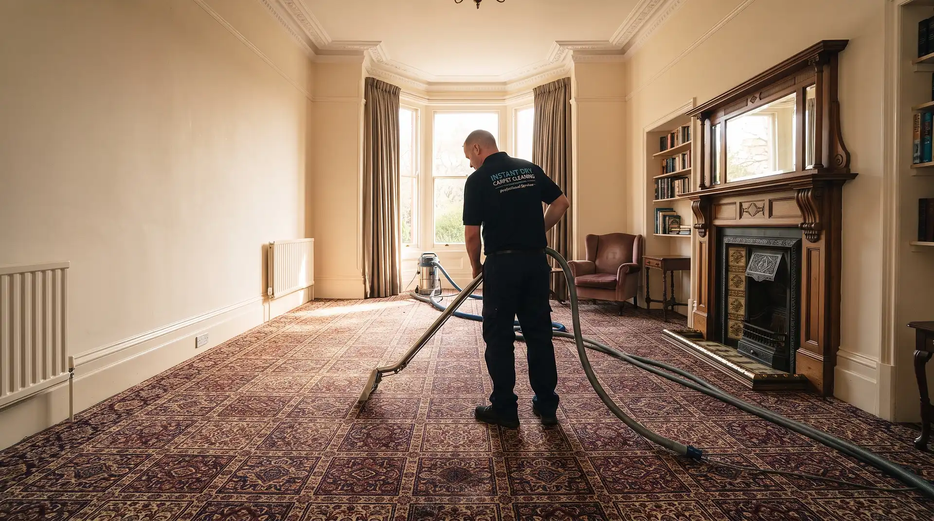 Instant Dry Carpet Cleaning technician in branded work shirt cleaning an Axminster patterned carpet in a large West Didsbury Victorian mansion terrace front room viewed from the bay window end