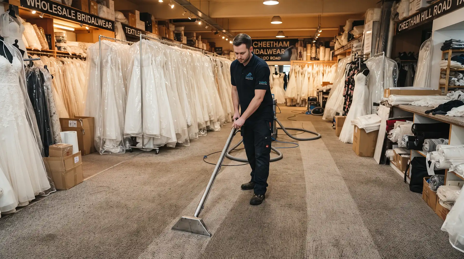 Instant Dry Carpet Cleaning technician in branded work shirt cleaning commercial loop-pile carpet in a Cheetham Hill Road bridalwear wholesale showroom with garment rails in the background