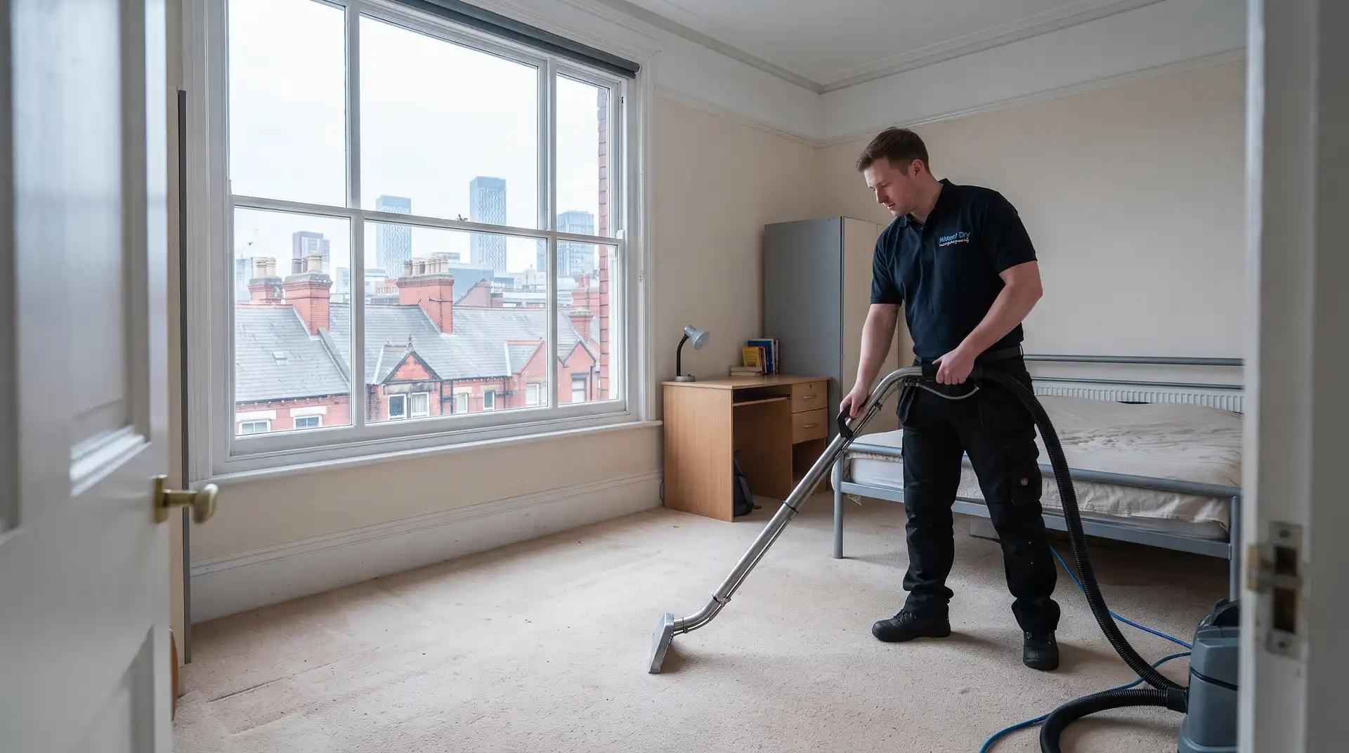 Instant Dry Carpet Cleaning technician in branded work shirt cleaning a pale synthetic carpet in an Ardwick M12 student HMO Victorian terrace bedroom with urban rooftop view through the sash window