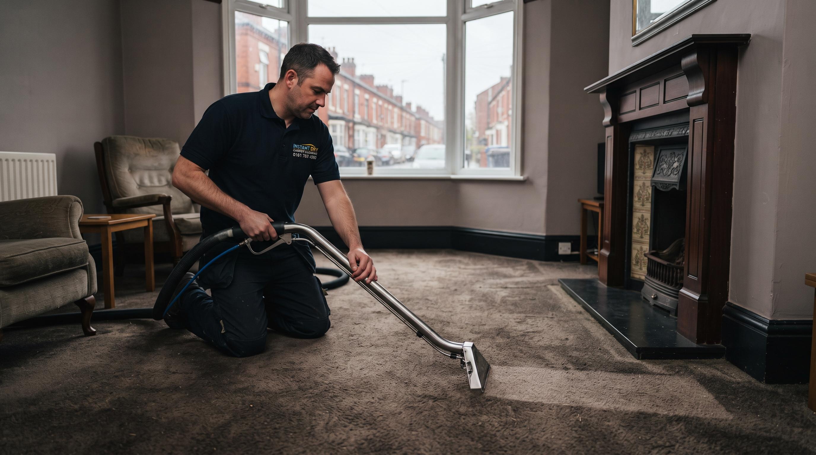 Instant Dry Carpet Cleaning technician in branded work shirt cleaning a heavy-pile dark warm wool carpet in a Longsight M12 late-Victorian terrace front lounge with overcast morning light through the bay window