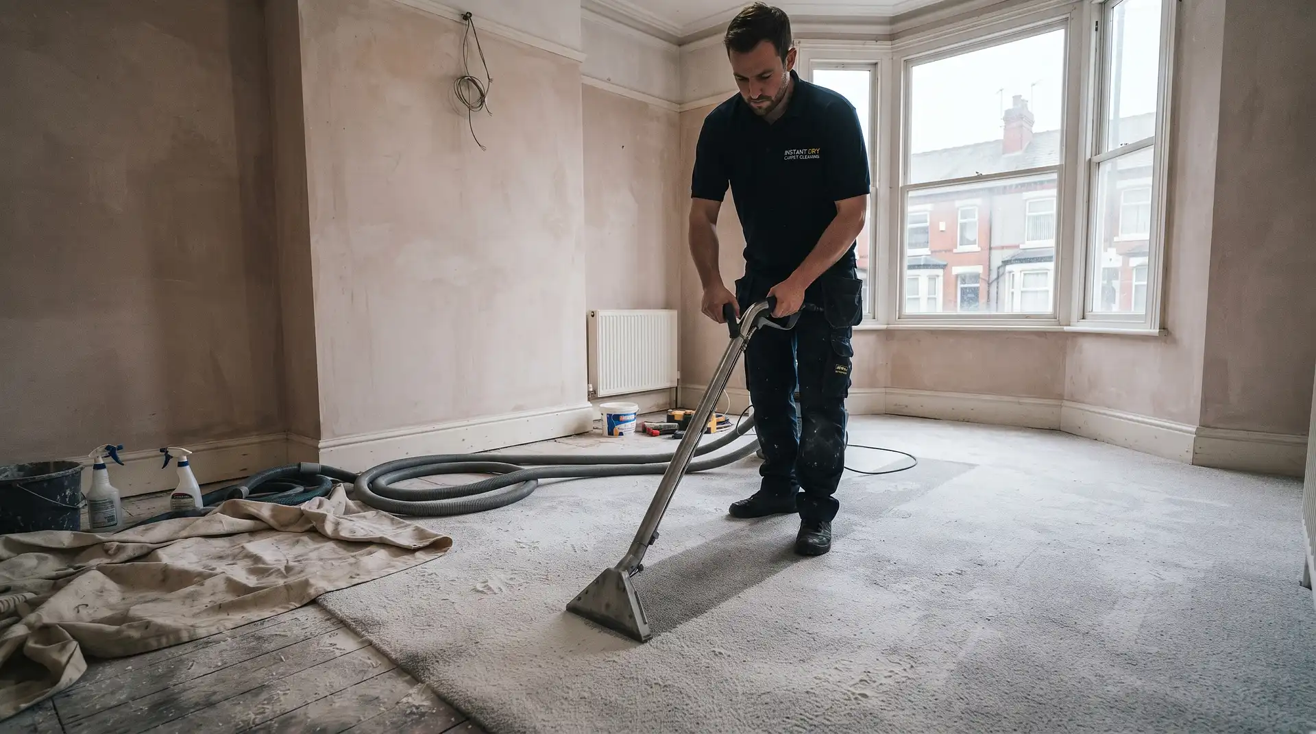 Instant Dry Carpet Cleaning technician in branded work shirt extracting fine plaster dust from a pale grey carpet in a mid-renovation Levenshulme M19 Victorian terrace