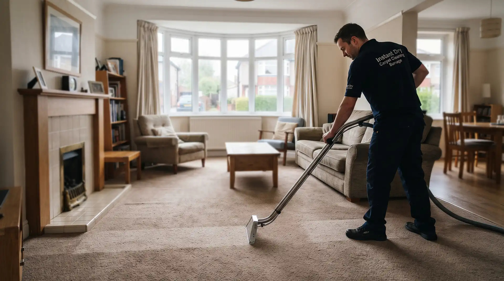 Instant Dry Carpet Cleaning technician in branded work shirt cleaning a warm mid-pile wool carpet in a Burnage M19 1930s Kingsway estate semi-detached through-lounge with wide bay windows
