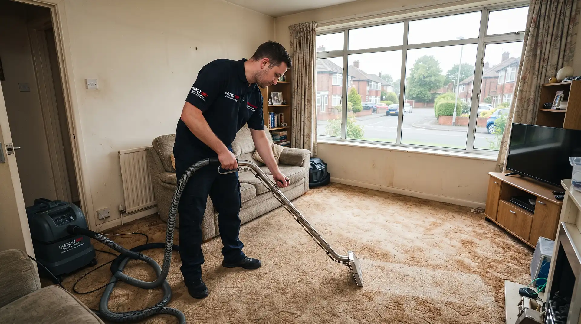 Instant Dry Carpet Cleaning technician in branded work shirt cleaning a worn warm-toned carpet in a Wythenshawe M22 post-war council estate semi-detached living room with a large picture window