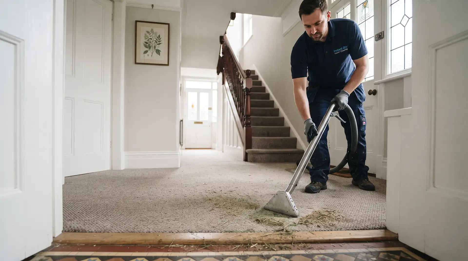 Instant Dry Carpet Cleaning technician beginning extraction of Heaton Park spring grass and pollen from the entry zone carpet of a Prestwich M25 Edwardian semi hallway