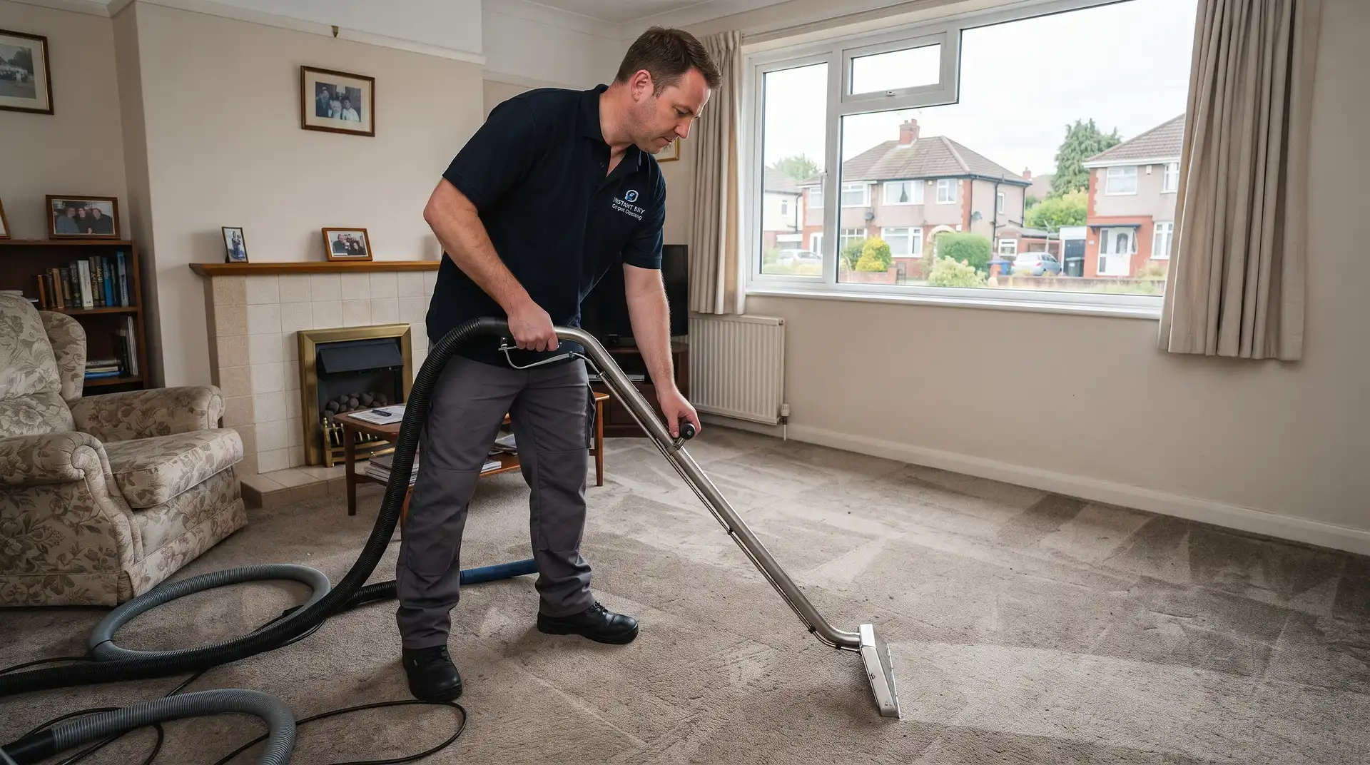 Instant Dry Carpet Cleaning technician in branded work shirt cleaning a mid-toned synthetic carpet in a Whitefield M45 post-war semi-detached house lounge with north Manchester suburban afternoon light