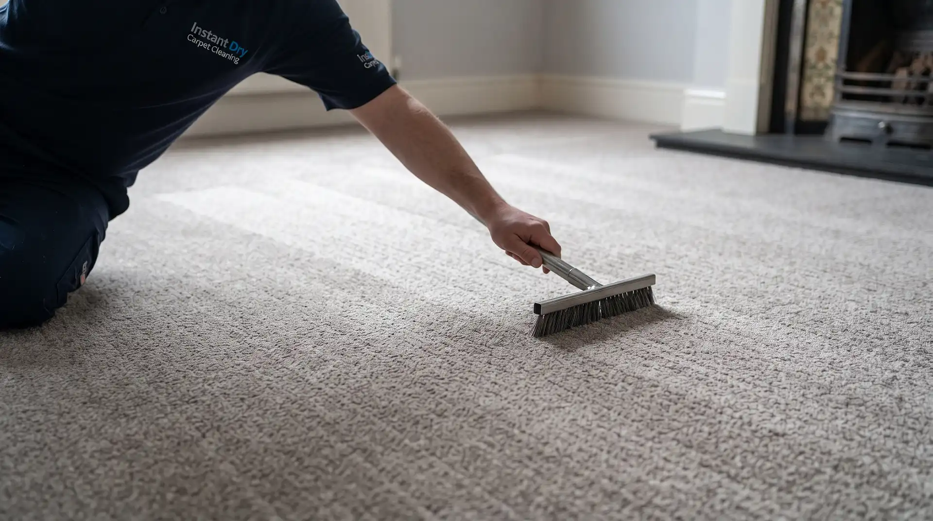 Instant Dry Carpet Cleaning technician in branded work shirt pile-grooming a freshly extracted wool-blend carpet in a Radcliffe M26 Victorian terrace lounge under grey overcast Irwell Valley light
