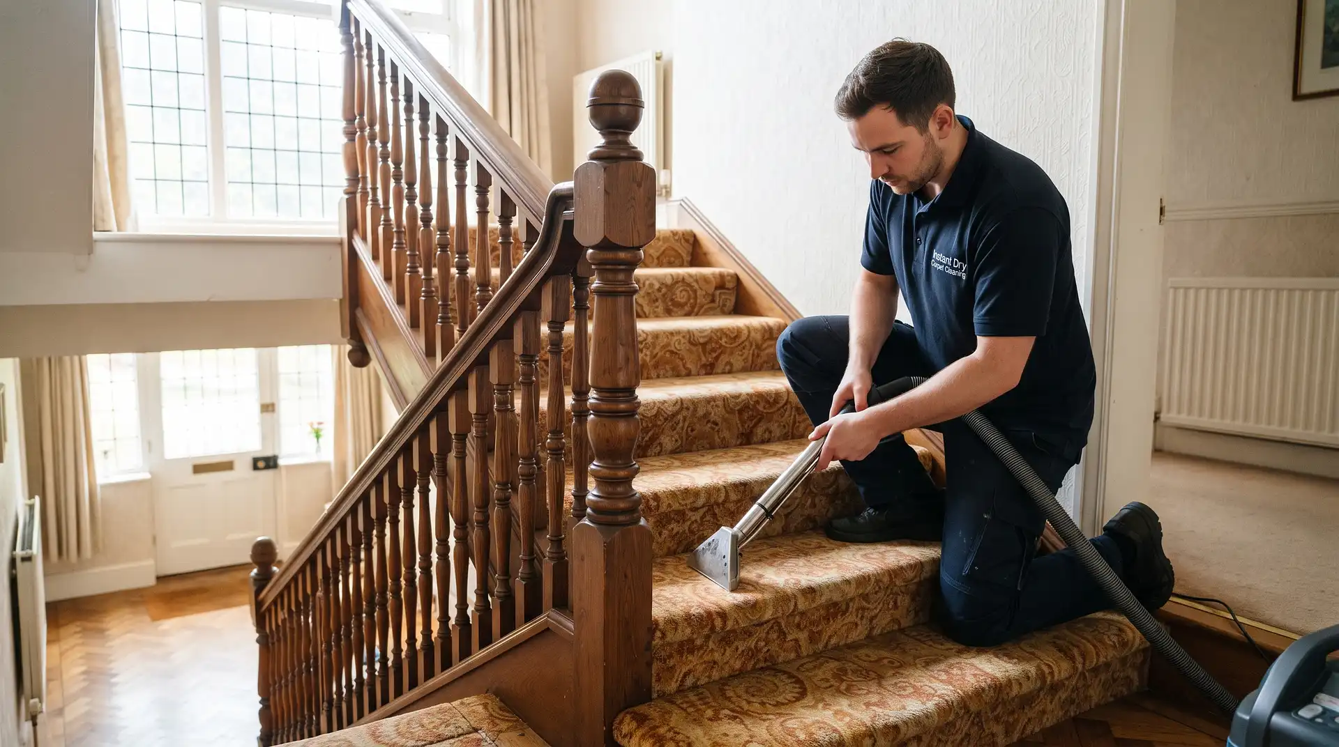 Instant Dry Carpet Cleaning technician in branded work shirt cleaning the staircase carpet of an Alkrington Garden Village M24 Middleton interwar semi-detached house with morning landing window light
